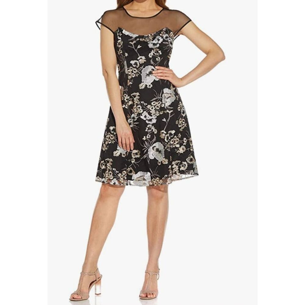 Adrianna Papell Women's Lace Floral Embroidered Dress Black Sz 4 Cocktail Formal